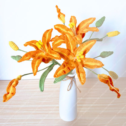 Handmade Crochet Orange Lily Stem: Artificial Flower Bouquet, Wedding Decor