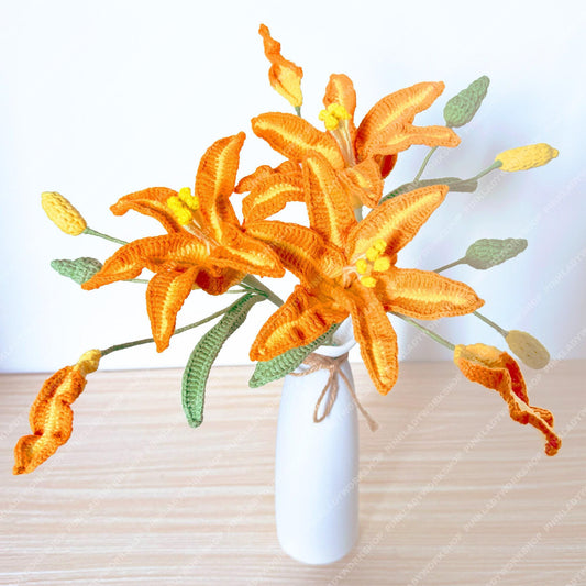 Handmade Crochet Orange Lily Stem: Artificial Flower Bouquet, Wedding Decor