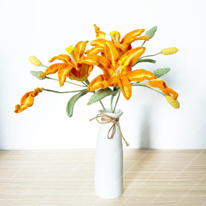 Handmade Crochet Orange Lily Stem: Artificial Flower Bouquet, Wedding Decor