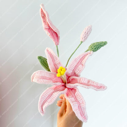 Handmade Crochet Orange Lily Stem: Artificial Flower Bouquet, Wedding Decor