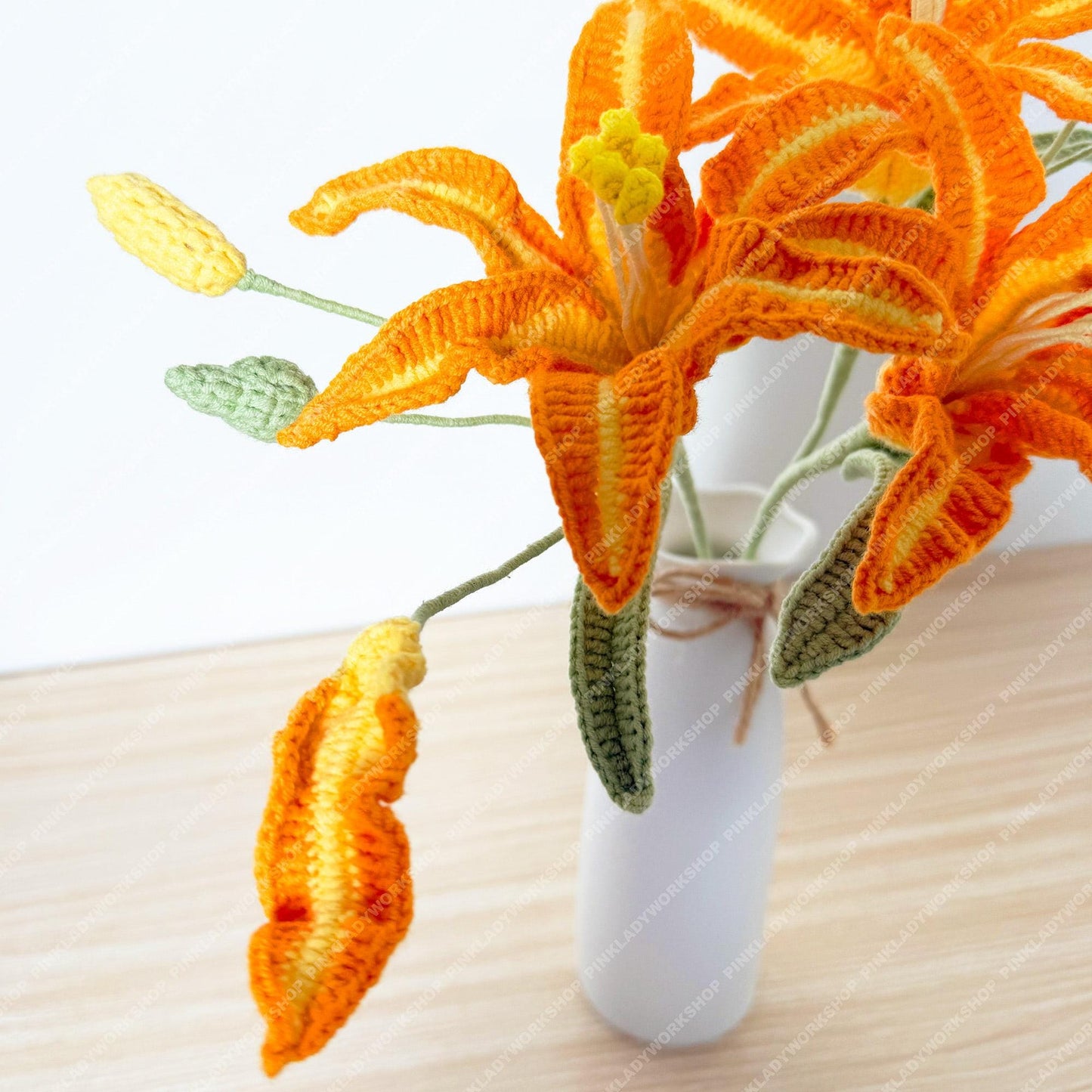 Handmade Crochet Orange Lily Stem: Artificial Flower Bouquet, Wedding Decor