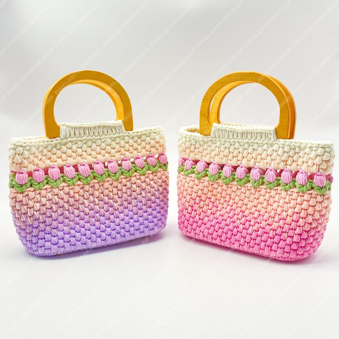 Handmade Crochet Tulip Purse | Pink Ombre Bag, Wooden Handle