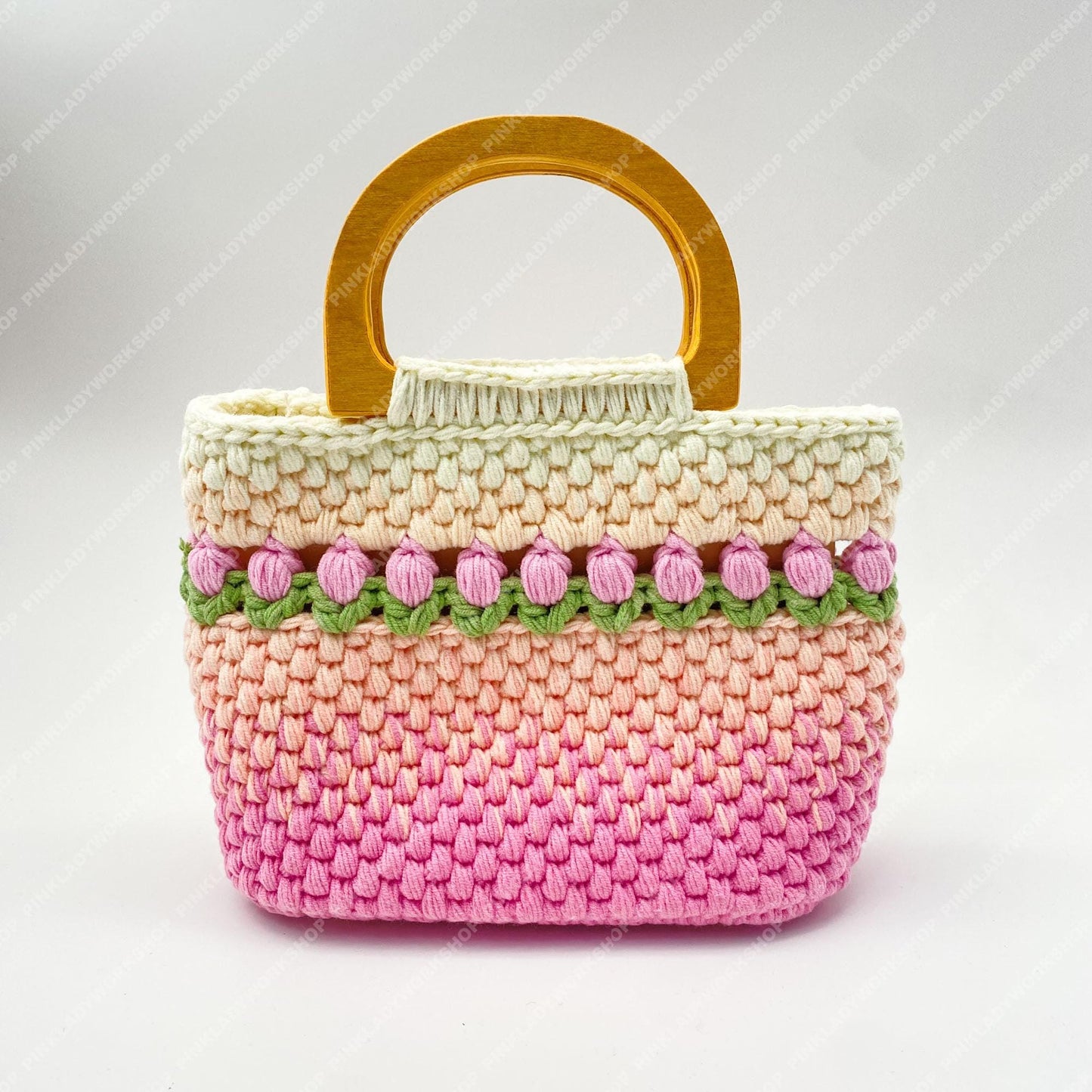 Handmade Crochet Tulip Purse | Pink Ombre Bag, Wooden Handle