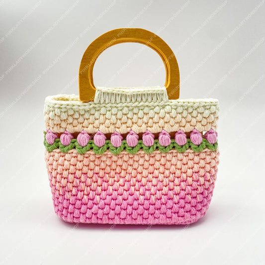 Handmade Crochet Tulip Purse | Pink Ombre Bag, Wooden Handle
