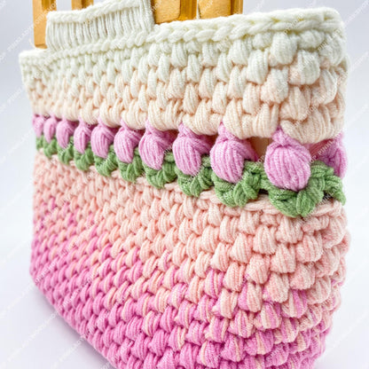 Handmade Crochet Tulip Purse | Pink Ombre Bag, Wooden Handle