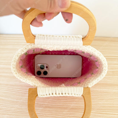 Handmade Crochet Tulip Purse | Pink Ombre Bag, Wooden Handle