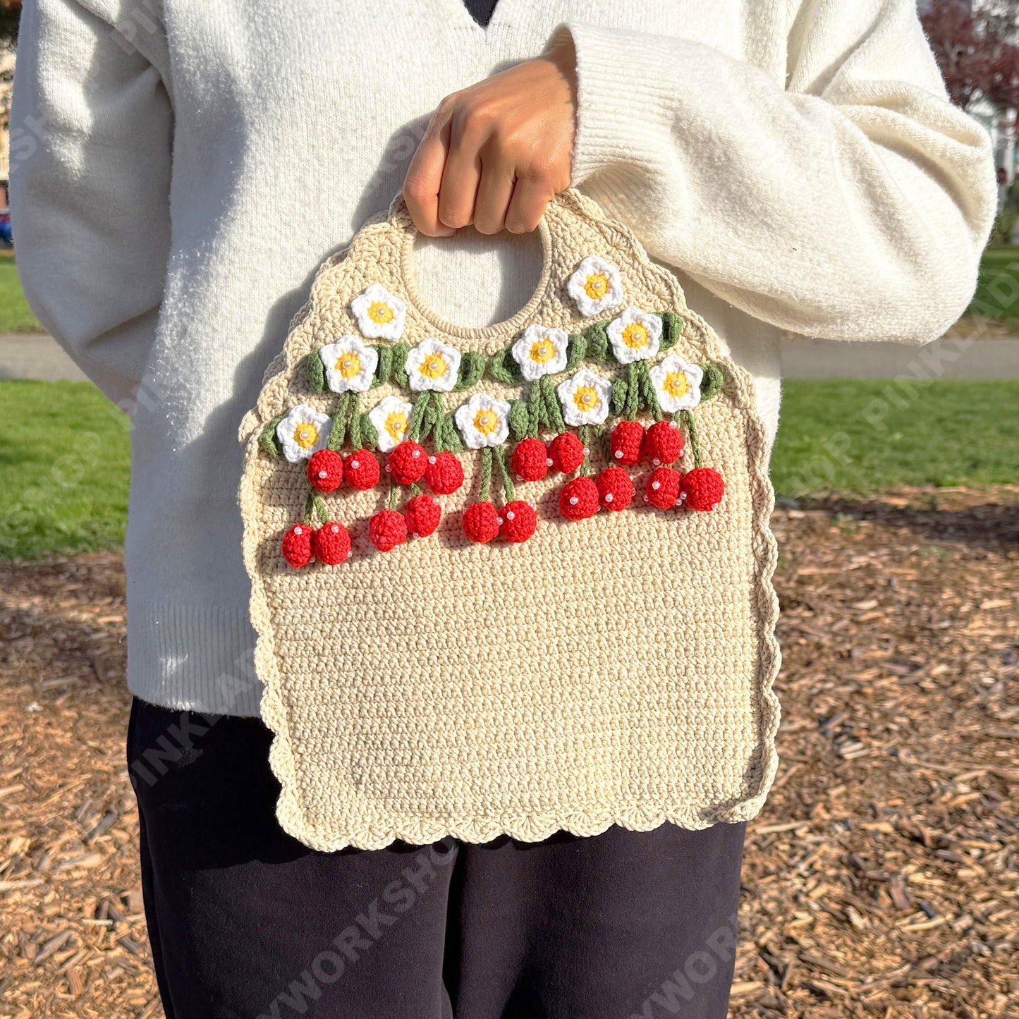 Crochet Strawberry Tote Bag | Handmade Purse | Cute Floral Bag with 3D Strawberry