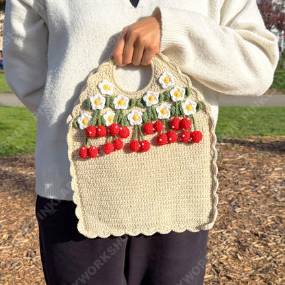 Crochet Strawberry Tote Bag | Handmade Purse | Cute Floral Bag with 3D Strawberry
