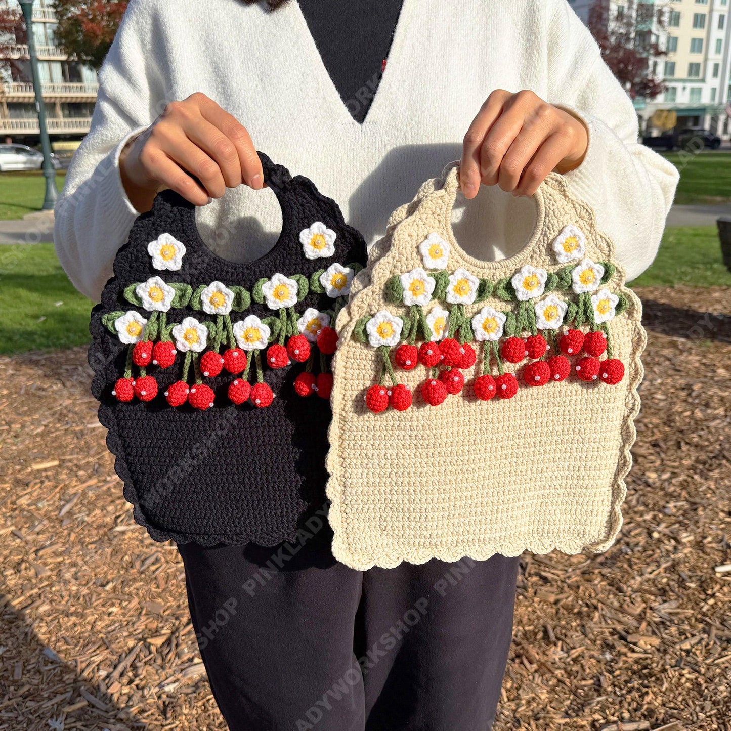Crochet Strawberry Tote Bag | Handmade Purse | Cute Floral Bag with 3D Strawberry