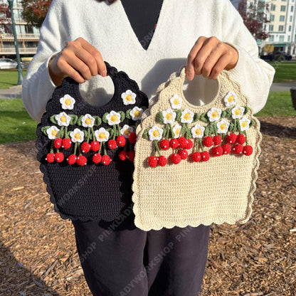 Crochet Strawberry Tote Bag | Handmade Purse | Cute Floral Bag with 3D Strawberry