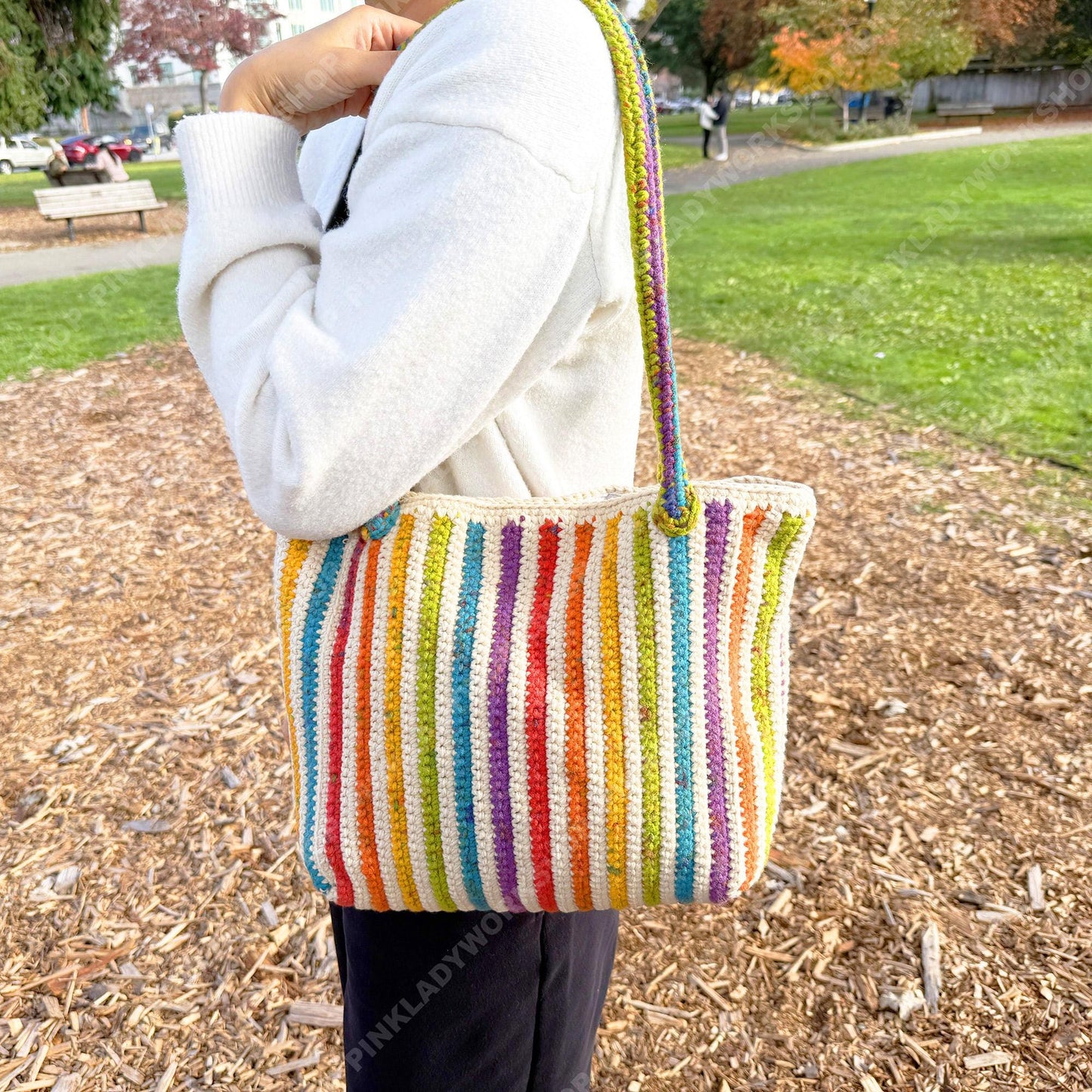 Crochet Rainbow Striped Tote Bag | Handmade Boho Shoulder Bag