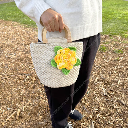 Pre-order Crochet Flower Handbag | Beige Yarn Tote with Yellow Rose