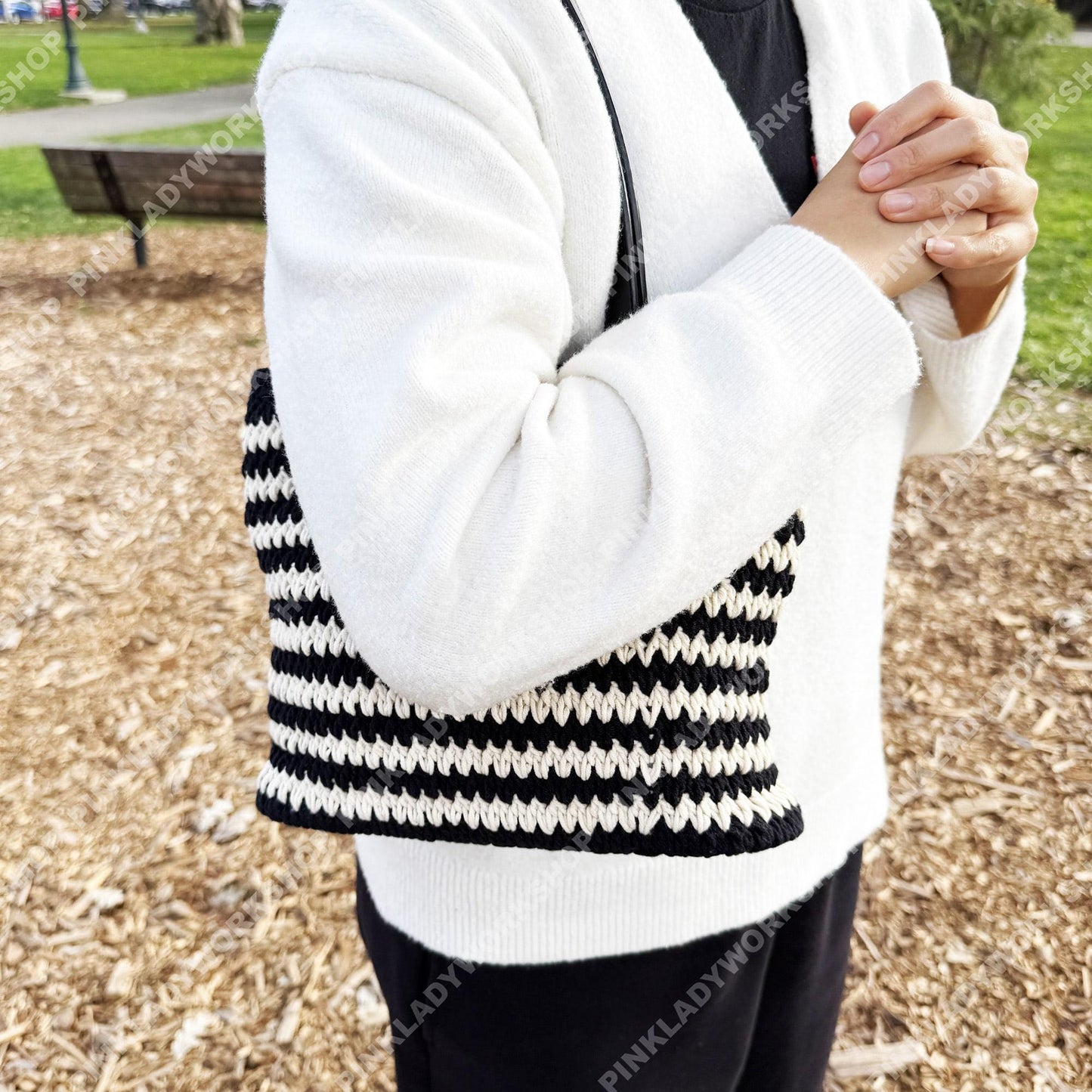Crochet Striped Tote Bag | Handmade Black & Cream Shoulder Bag