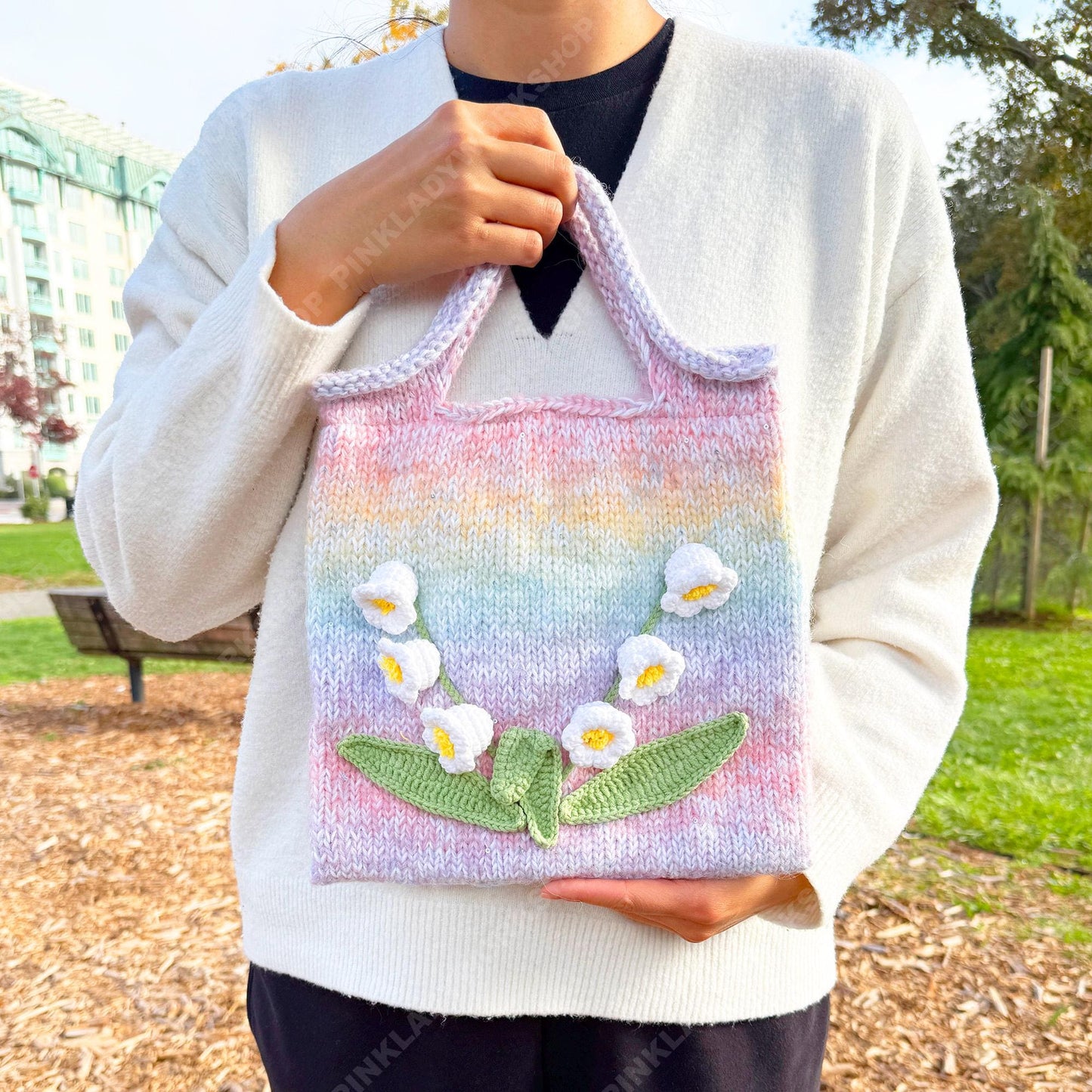 Lily of the Valley Knit Tote Bag | Pastel Rainbow Crochet Purse