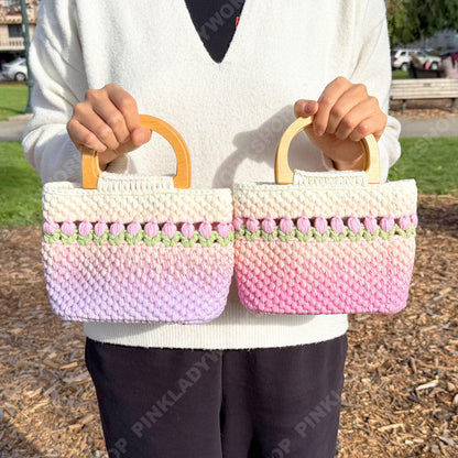 Handmade Crochet Tulip Purse | Pink Ombre Bag, Wooden Handle