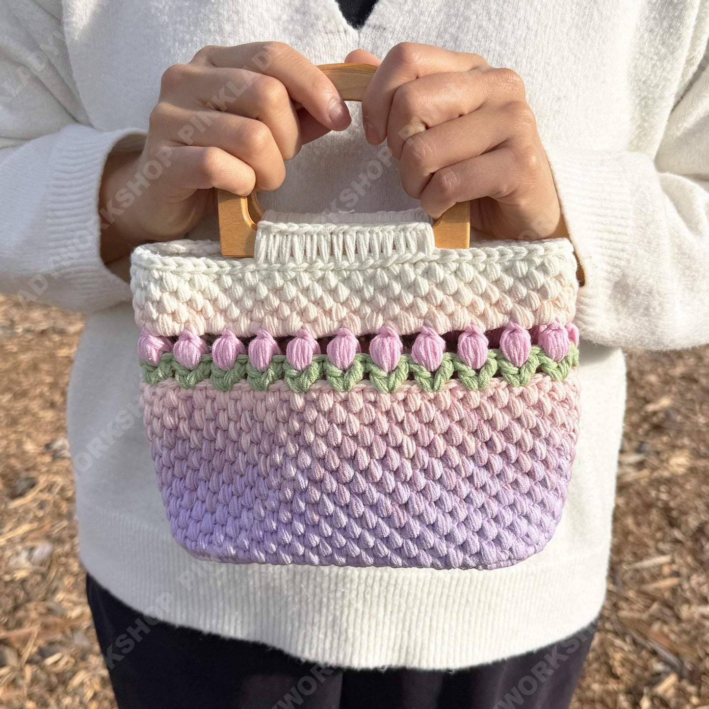 Handmade Crochet Tulip Purse | Pink Ombre Bag, Wooden Handle