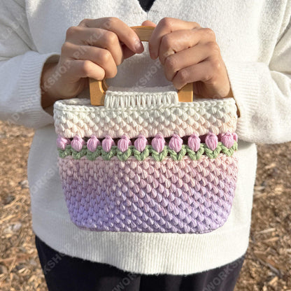 Handmade Crochet Tulip Purse | Pink Ombre Bag, Wooden Handle