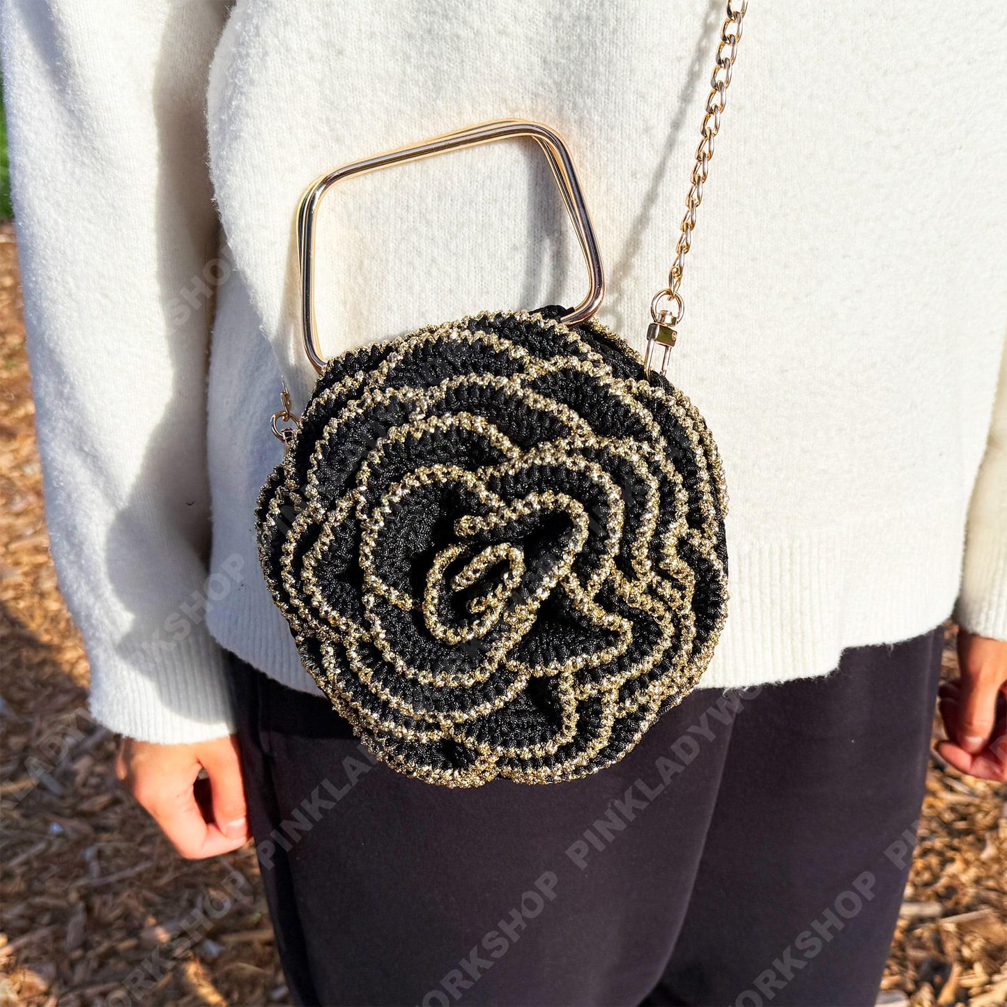 Crochet Rose Evening Bag | Handmade Black & Gold Floral Purse