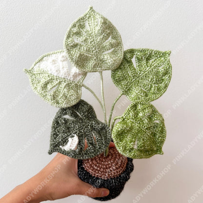 Crochet Mixed Yarn Monstera Plant in Pot: Handmade Yarn Houseplant Decor