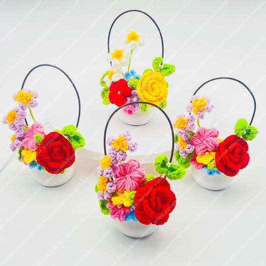 Pre-order Crochet Flower Basket | Handmade Floral Arrangement | Mini Crochet Bouquet Pot | Colorful Desk Decor | Gift for Her