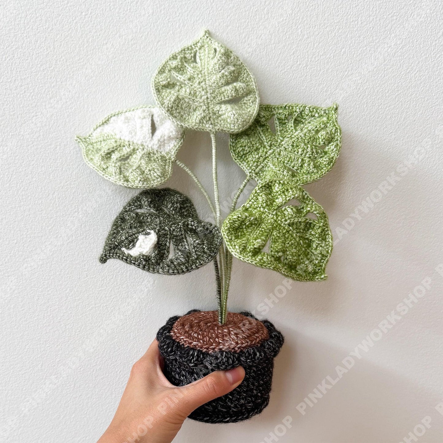 Crochet Mixed Yarn Monstera Plant in Pot: Handmade Yarn Houseplant Decor