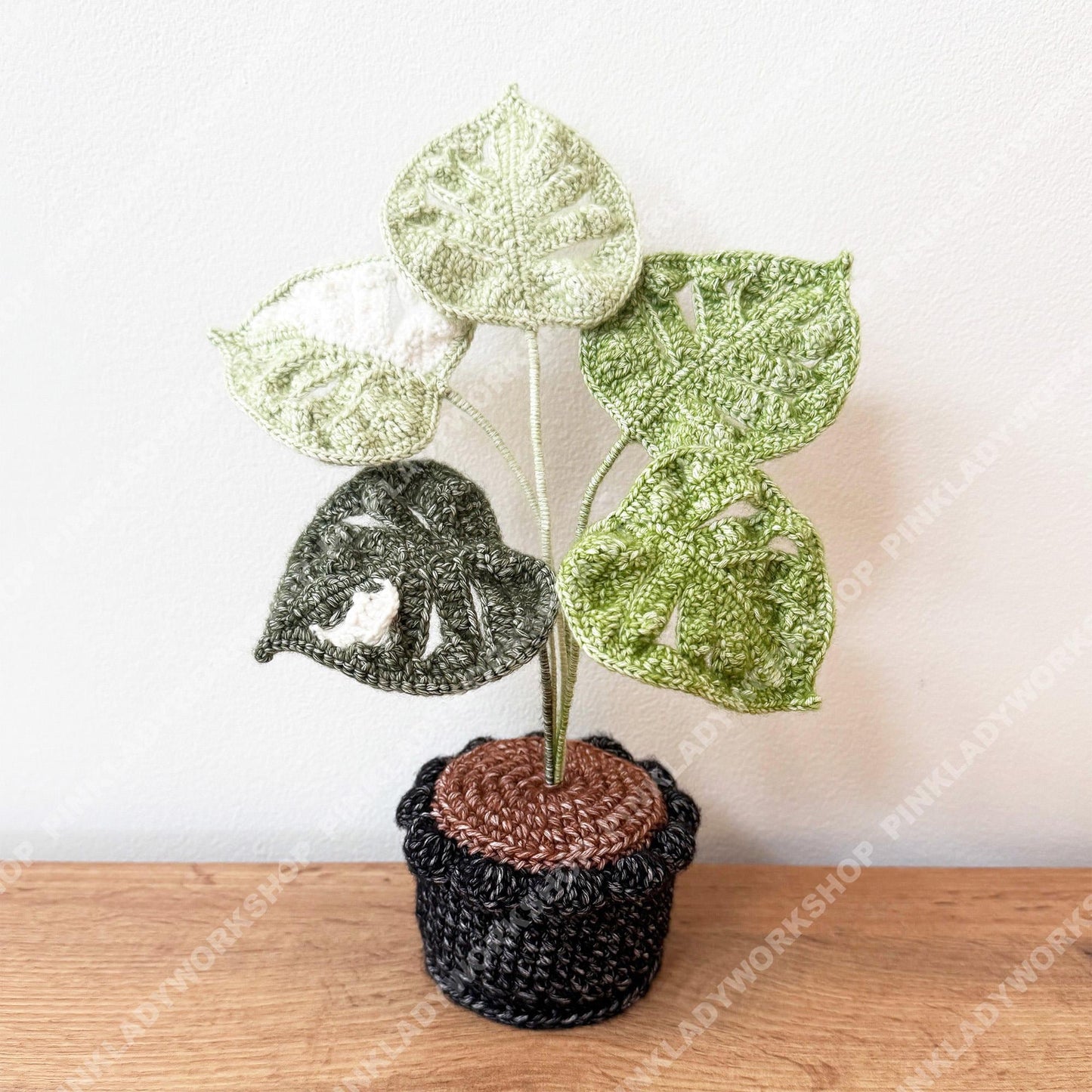 Crochet Mixed Yarn Monstera Plant in Pot: Handmade Yarn Houseplant Decor