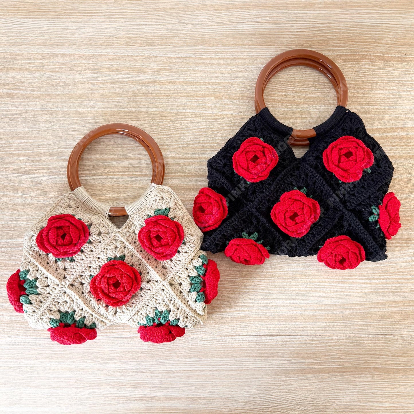 Crochet Rose Tote Bag | Handmade Floral Granny Square Purse | Wooden Handle Crochet Handbag | Romantic Gift for Her