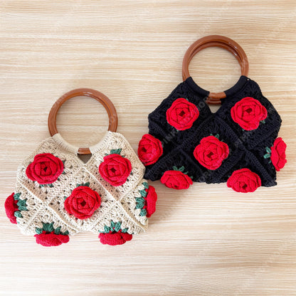 Crochet Rose Tote Bag | Handmade Floral Granny Square Purse | Wooden Handle Crochet Handbag | Romantic Gift for Her