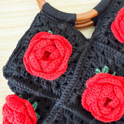 Crochet Rose Tote Bag | Handmade Floral Granny Square Purse | Wooden Handle Crochet Handbag | Romantic Gift for Her