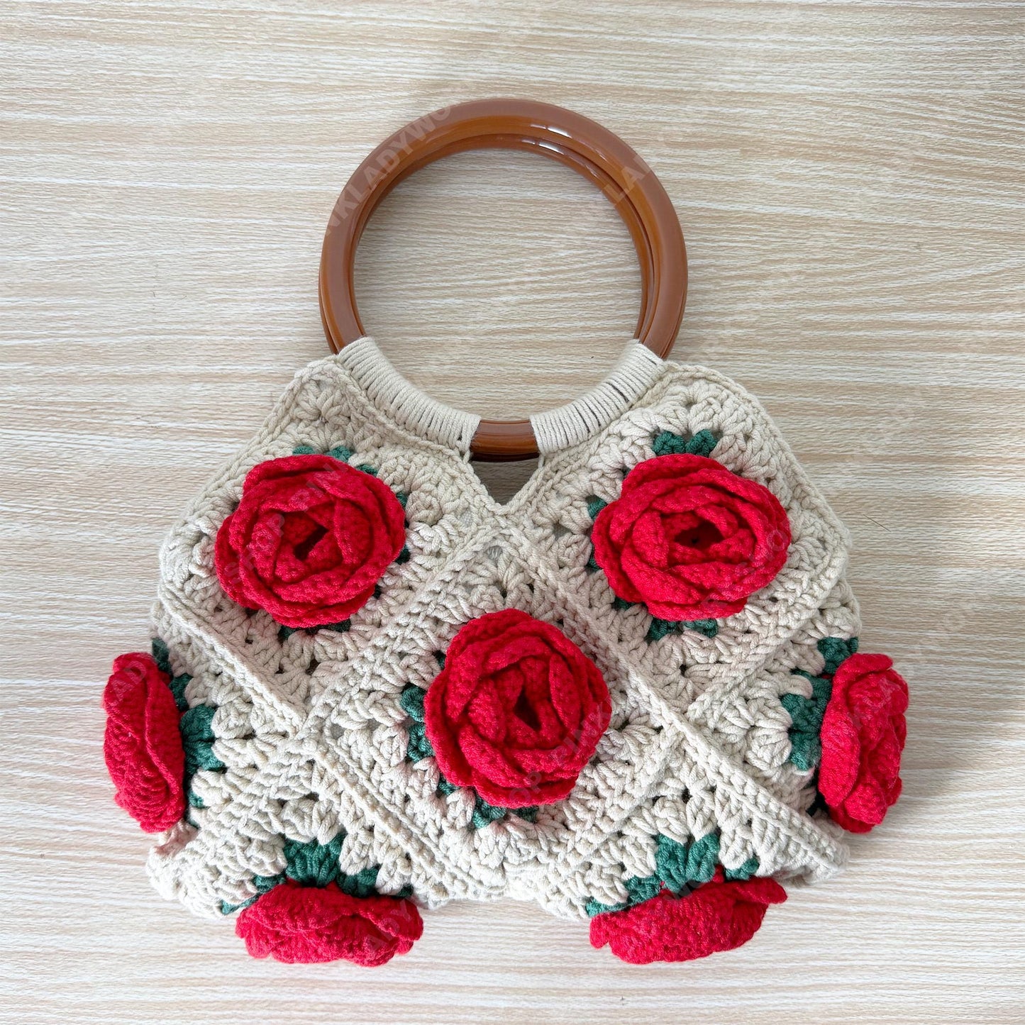 Crochet Rose Tote Bag | Handmade Floral Granny Square Purse | Wooden Handle Crochet Handbag | Romantic Gift for Her