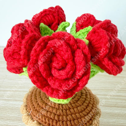 Crochet Rose Flower Pot | Handmade Knitted Rose Plant | Forever Flower Home Decor | Romantic Desk Gift