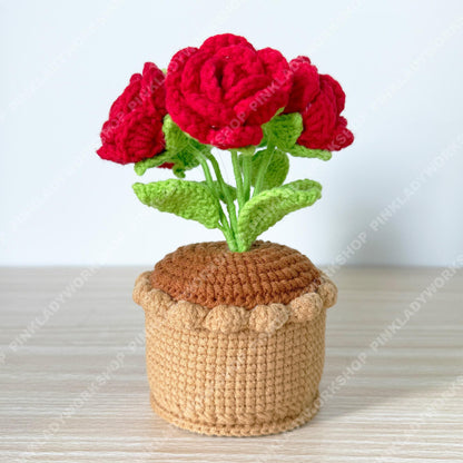 Crochet Rose Flower Pot | Handmade Knitted Rose Plant | Forever Flower Home Decor | Romantic Desk Gift