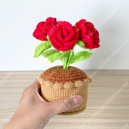 Crochet Rose Flower Pot | Handmade Knitted Rose Plant | Forever Flower Home Decor | Romantic Desk Gift