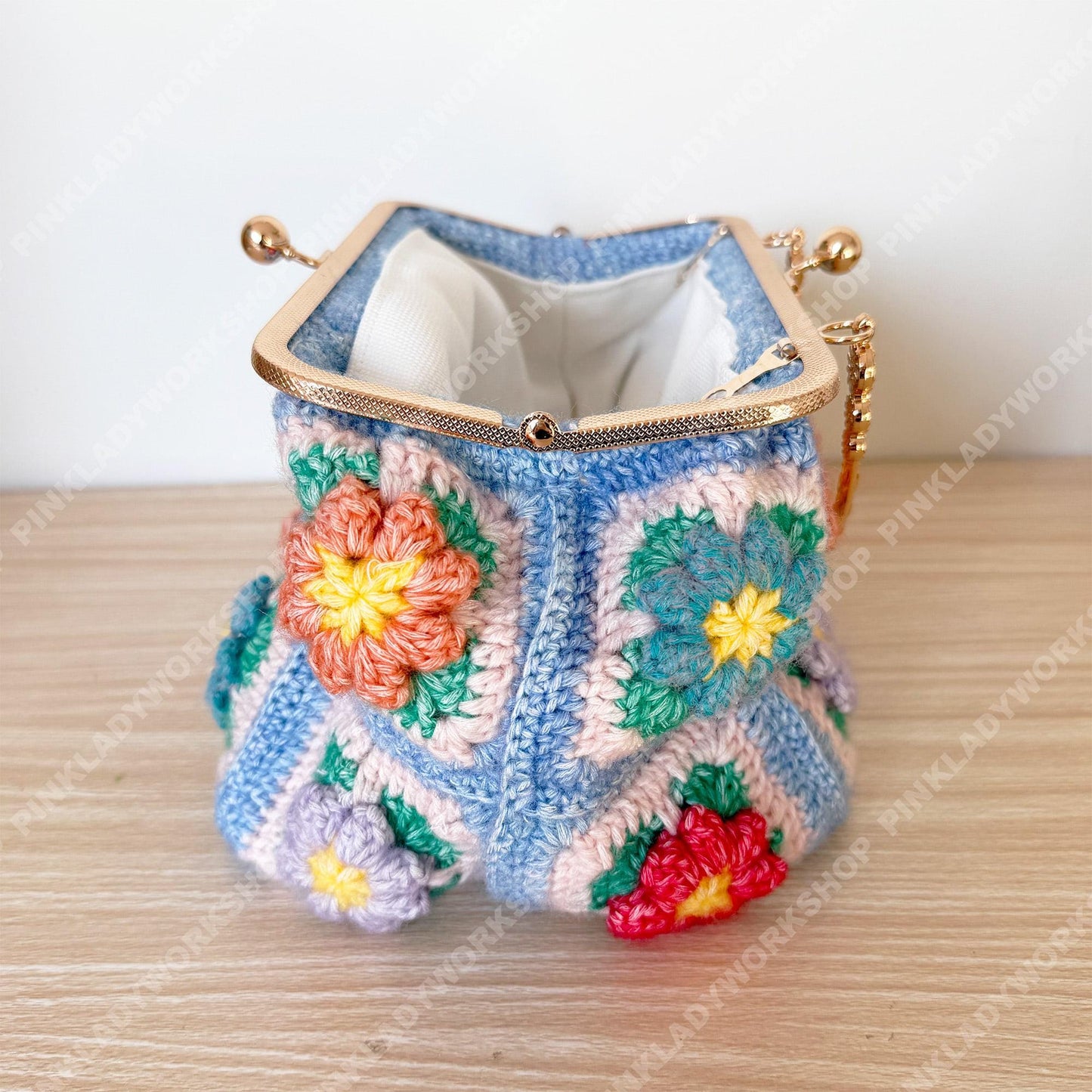 Crochet Granny Square Purse | Floral Handmade Clutch Bag with Gold Frame | Retro Flower Handbag | Gift for Women