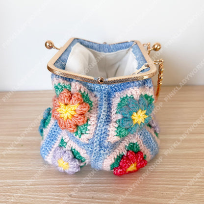 Crochet Granny Square Purse | Floral Handmade Clutch Bag with Gold Frame | Retro Flower Handbag | Gift for Women