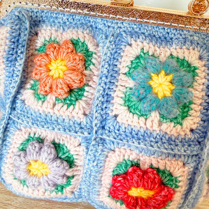 Crochet Granny Square Purse | Floral Handmade Clutch Bag with Gold Frame | Retro Flower Handbag | Gift for Women
