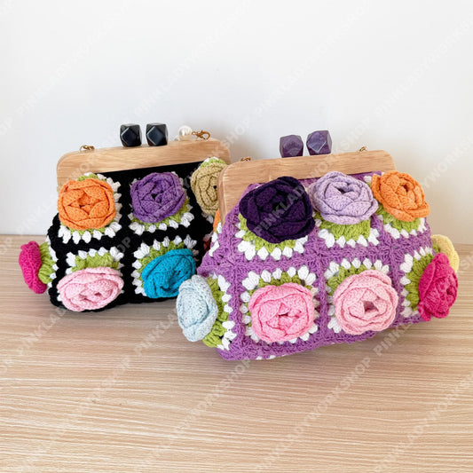Crochet Granny Square Clutch Bag | Handmade 3D Rose Purse with Pearl Strap | Wooden Frame Floral Handbag | Cottagecore Gift