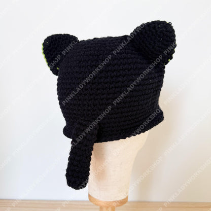 Crochet Black Cat Hat | Handmade Kawaii Cat Beanie with Big Eyes | Cute Animal Knit Hat | Whimsical Gift