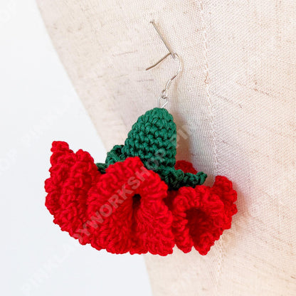 Handmade Crochet Carnation Earrings | Red Yarn Floral Dangles