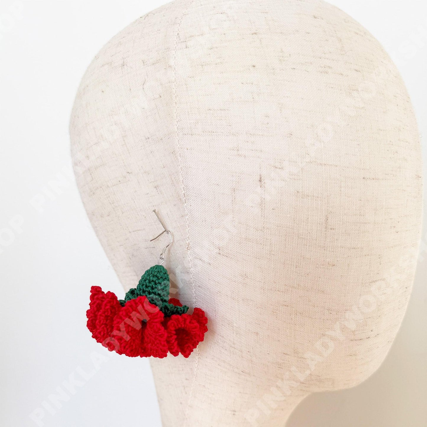 Handmade Crochet Carnation Earrings | Red Yarn Floral Dangles