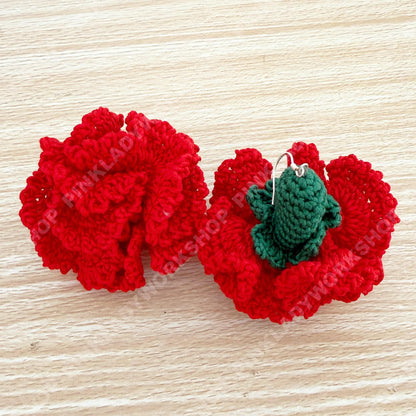 Handmade Crochet Carnation Earrings | Red Yarn Floral Dangles