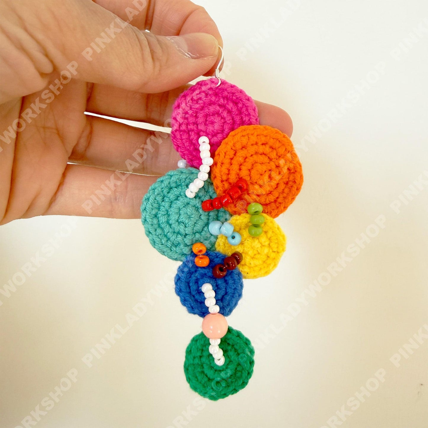 Crochet Circle Earrings | Handmade Rainbow Yarn Beaded Dangles