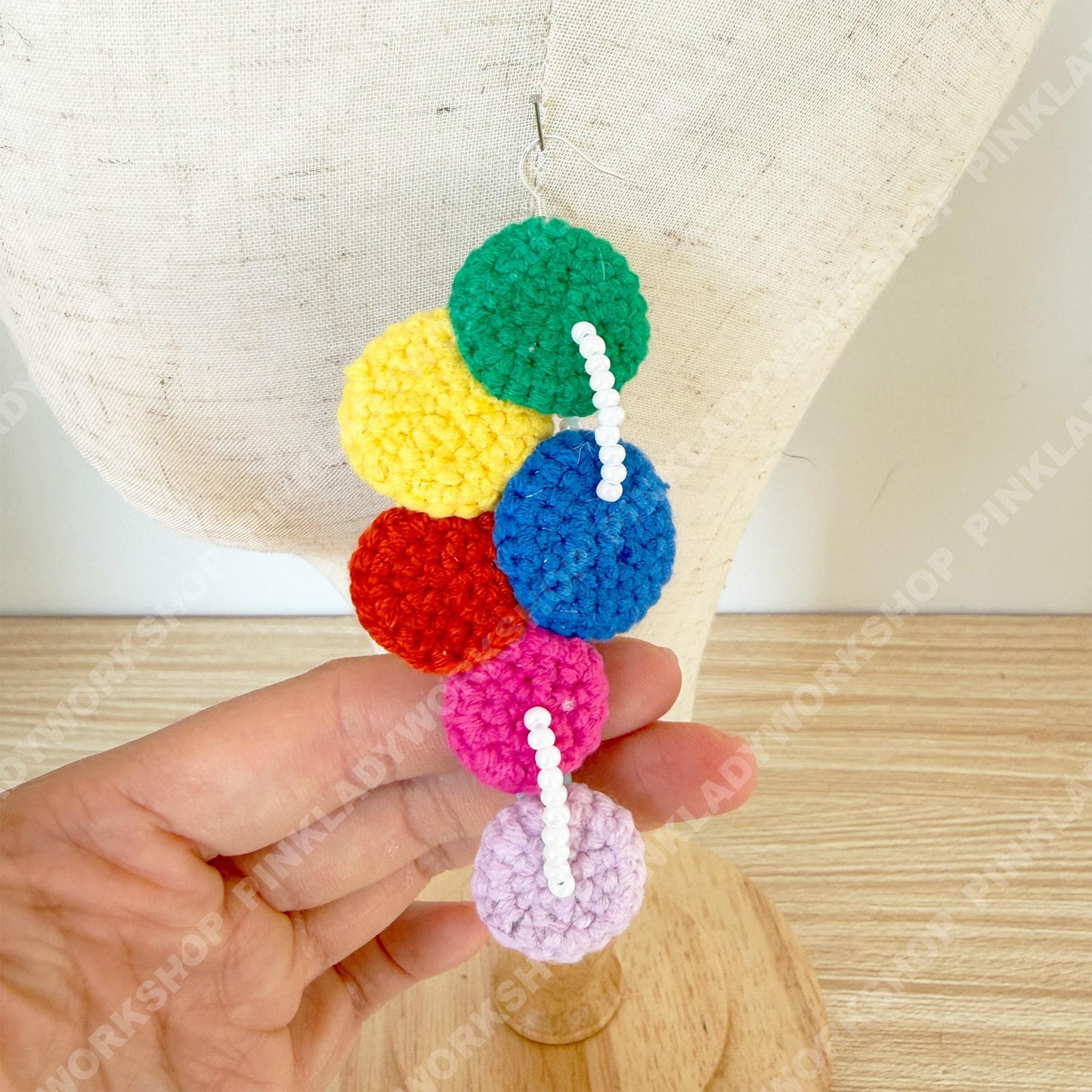 Crochet Circle Earrings | Handmade Rainbow Yarn Beaded Dangles