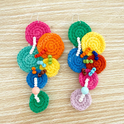 Crochet Circle Earrings | Handmade Rainbow Yarn Beaded Dangles