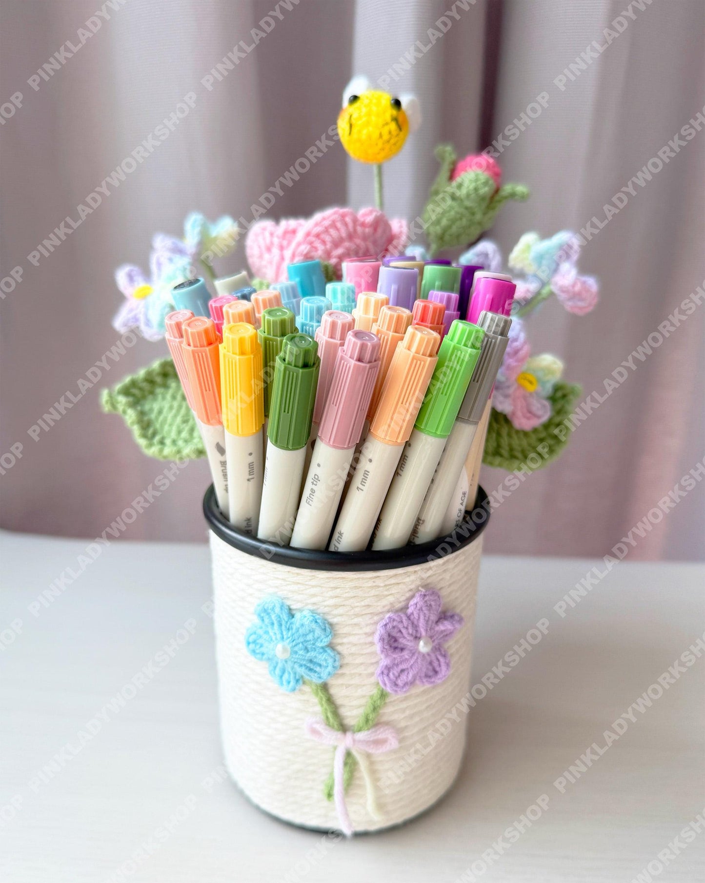 Crochet Flower Pen Holder | Handmade Yarn Desk Organizer