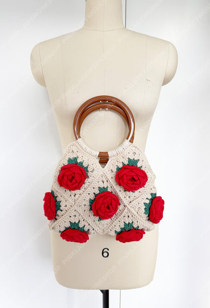 Crochet Rose Tote Bag | Handmade Floral Granny Square Purse | Wooden Handle Crochet Handbag | Romantic Gift for Her