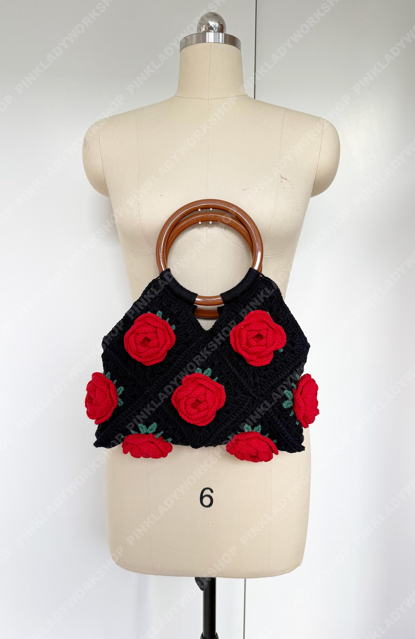 Crochet Rose Tote Bag | Handmade Floral Granny Square Purse | Wooden Handle Crochet Handbag | Romantic Gift for Her