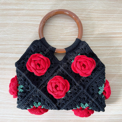 Crochet Rose Tote Bag | Handmade Floral Granny Square Purse | Wooden Handle Crochet Handbag | Romantic Gift for Her