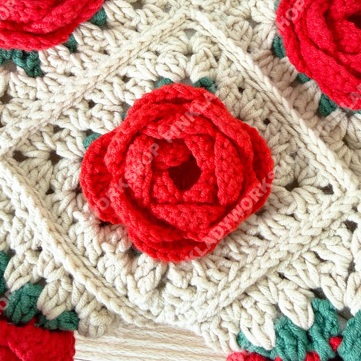 Crochet Rose Tote Bag | Handmade Floral Granny Square Purse | Wooden Handle Crochet Handbag | Romantic Gift for Her