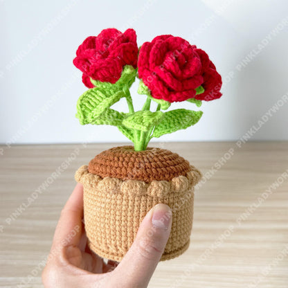 Crochet Rose Flower Pot | Handmade Knitted Rose Plant | Forever Flower Home Decor | Romantic Desk Gift